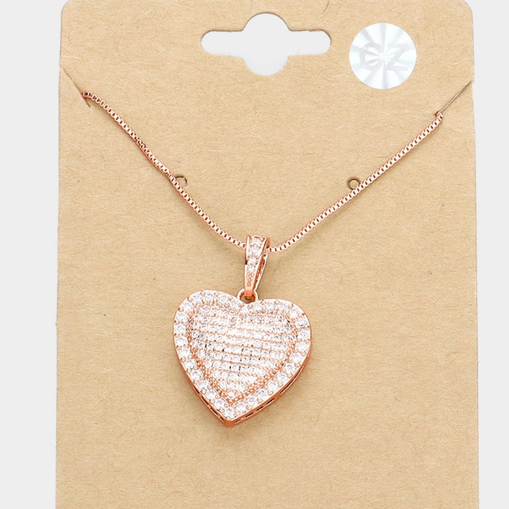 Rose Gold Heart Pendant Necklace Chain Cubic Zirconia Crystal Statement Jewelry
